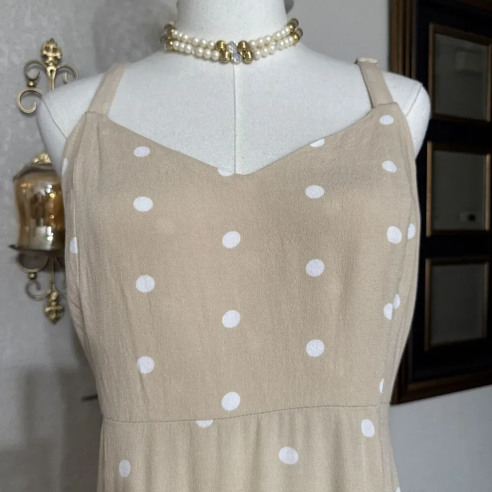 old navy strap tank maxi Dress beige white polka dot Y2K mocked back Size L - Picture 6 of 16